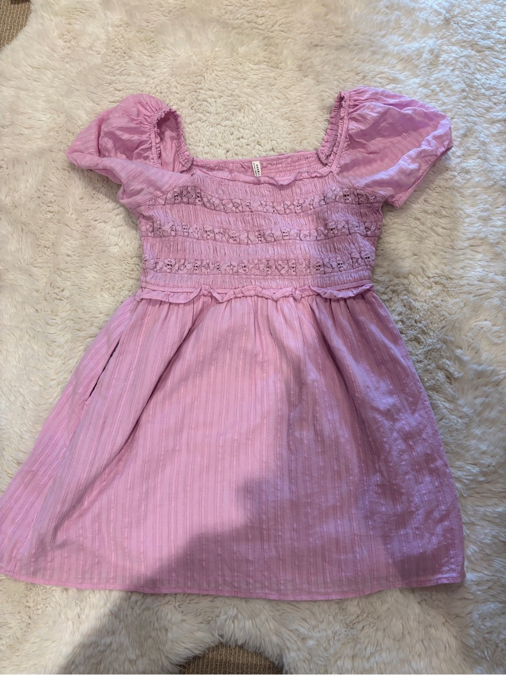 Womens Pink Smocked Puff Sleeve Dress